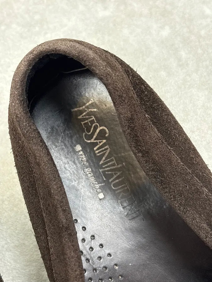 Yves Saint Laurent Brown Suede Gold-Hardware Loafer Shoes riwQANn 7