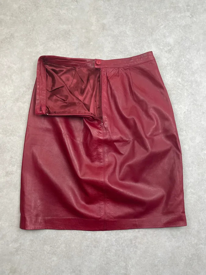 1980s Yves Saint Laurent Bordeaux Leather Midi Skirt FxuYCHT 8