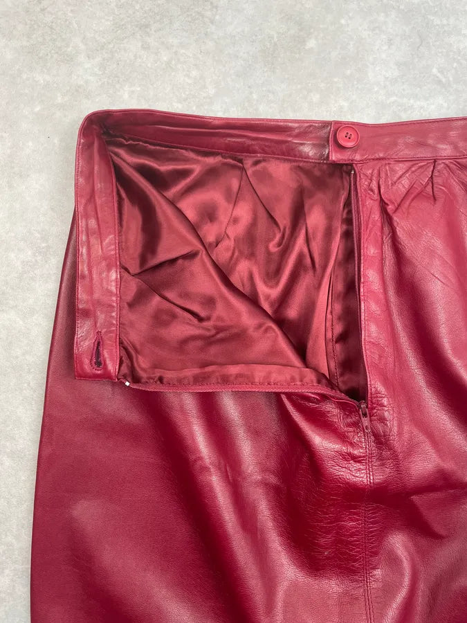 1980s Yves Saint Laurent Bordeaux Leather Midi Skirt FxuYCHT 10