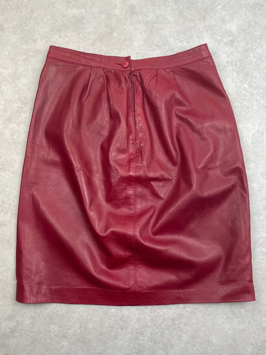 1980s Yves Saint Laurent Bordeaux Leather Midi Skirt FxuYCHT 2