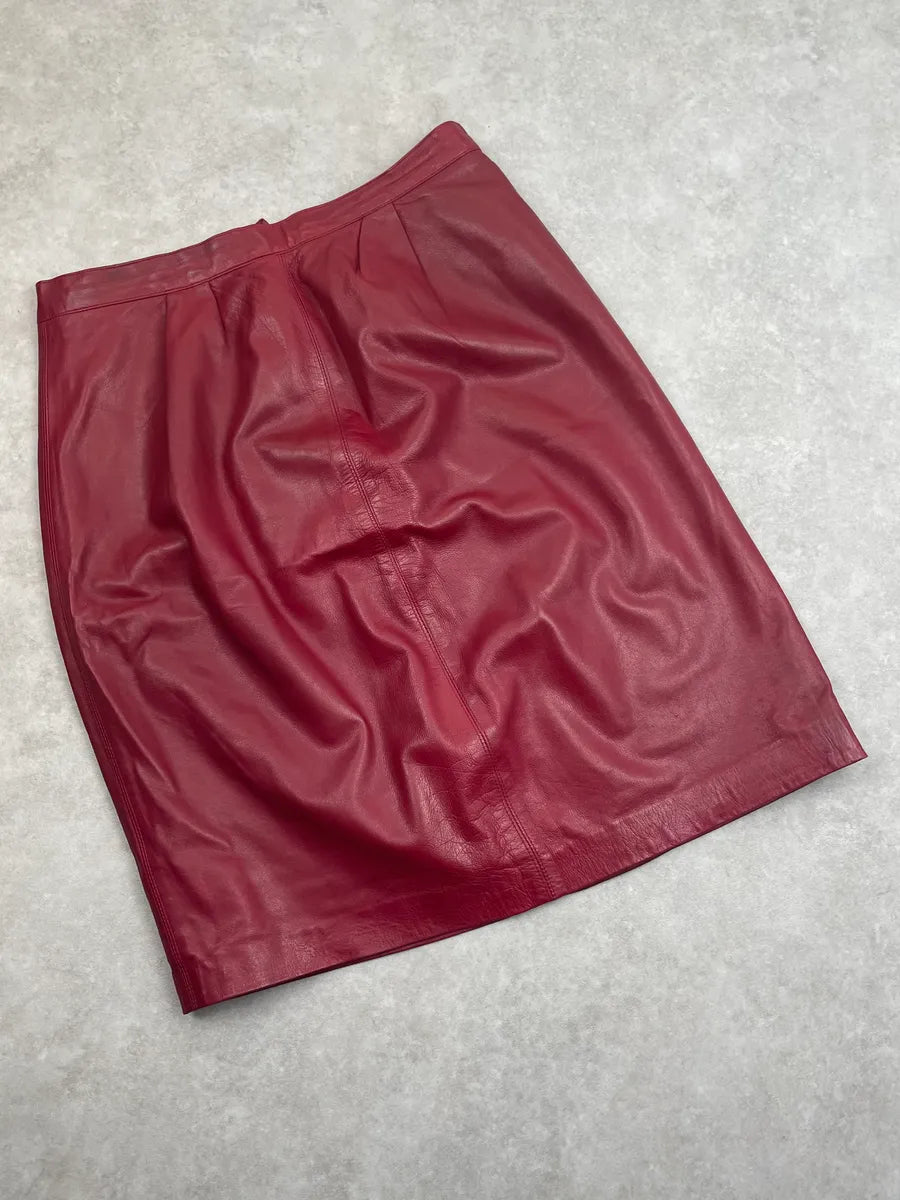 1980s Yves Saint Laurent Bordeaux Leather Midi Skirt FxuYCHT 1
