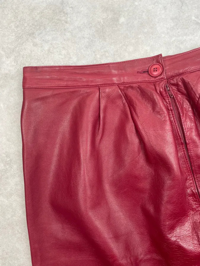 1980s Yves Saint Laurent Bordeaux Leather Midi Skirt FxuYCHT 9