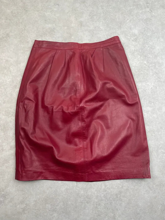 1980s Yves Saint Laurent Bordeaux Leather Midi Skirt FxuYCHT 0