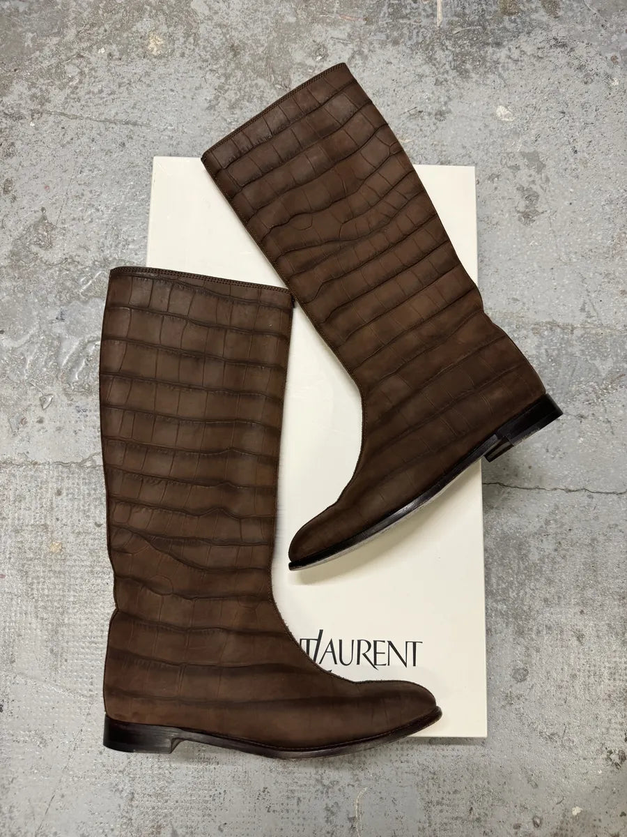 Yves Saint Laurent Brown Crocodile Effect Leather Ankle Boots jBsoibq 0