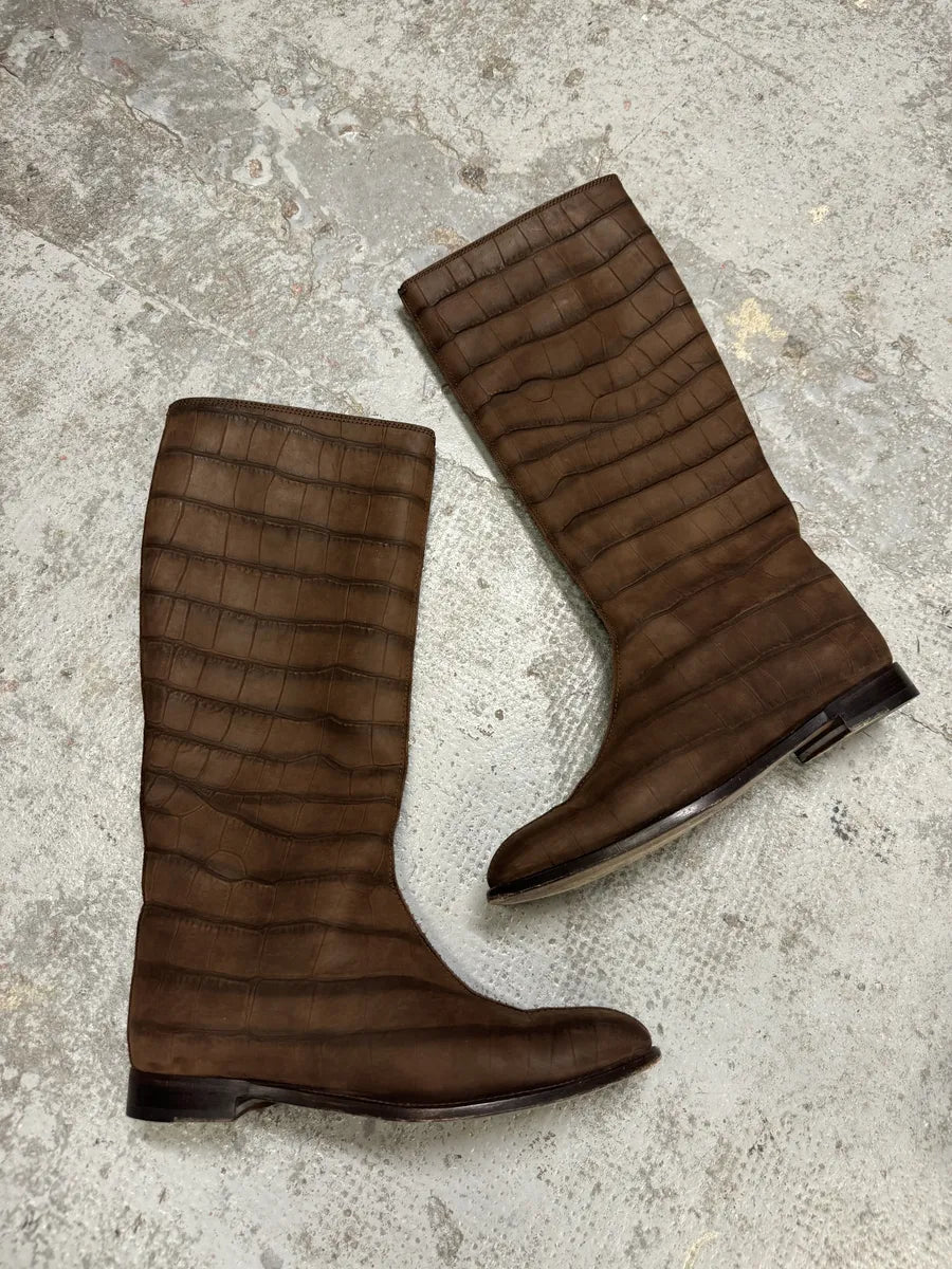 Yves Saint Laurent Brown Crocodile Effect Leather Ankle Boots jBsoibq 1