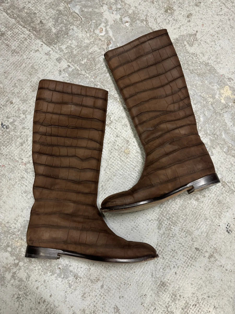 Yves Saint Laurent Brown Crocodile Effect Leather Ankle Boots jBsoibq 2