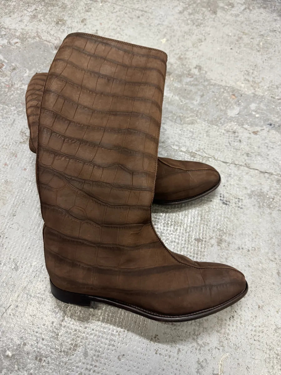 Yves Saint Laurent Brown Crocodile Effect Leather Ankle Boots jBsoibq 7