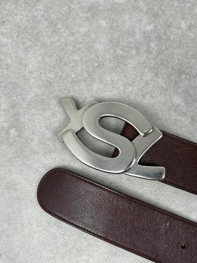 2000s Yves Saint Laurent Propaganda Brown Leather Logo Belt LTcmgXO 3