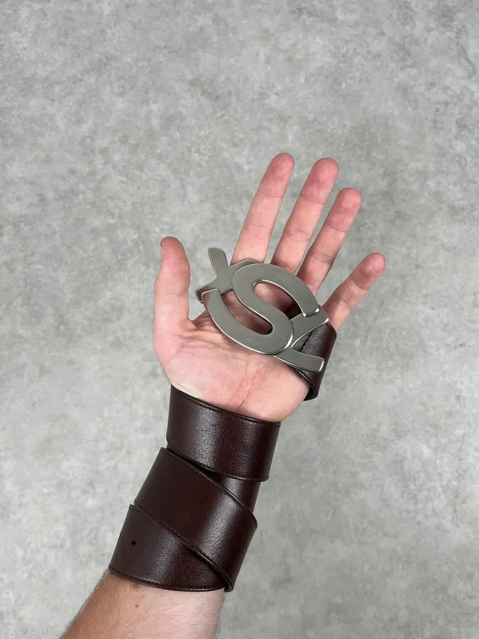 2000s Yves Saint Laurent Propaganda Brown Leather Logo Belt LTcmgXO 1