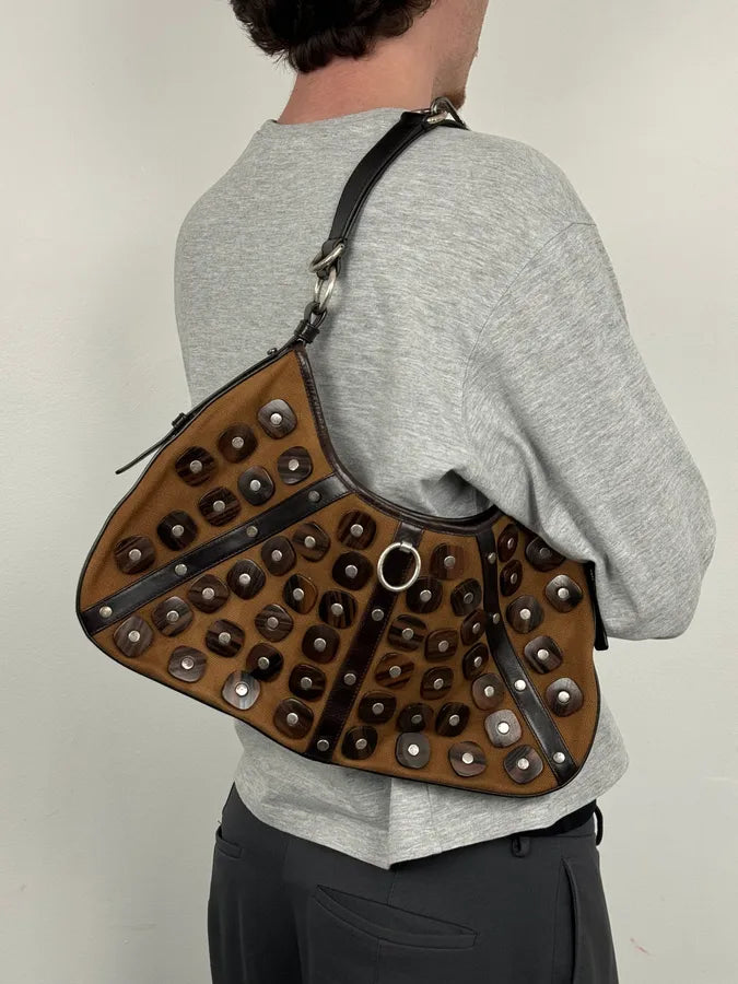 Yves Saint Laurent Brown Leather Wood Studded Shoulder Bag WOAXDRW 2