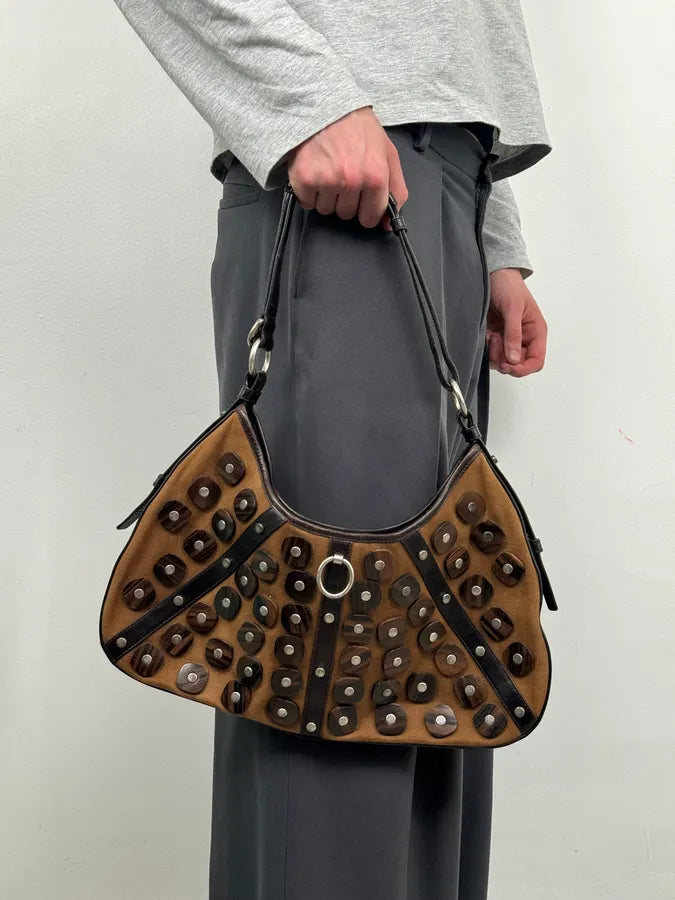 Yves Saint Laurent Brown Leather Wood Studded Shoulder Bag WOAXDRW 1