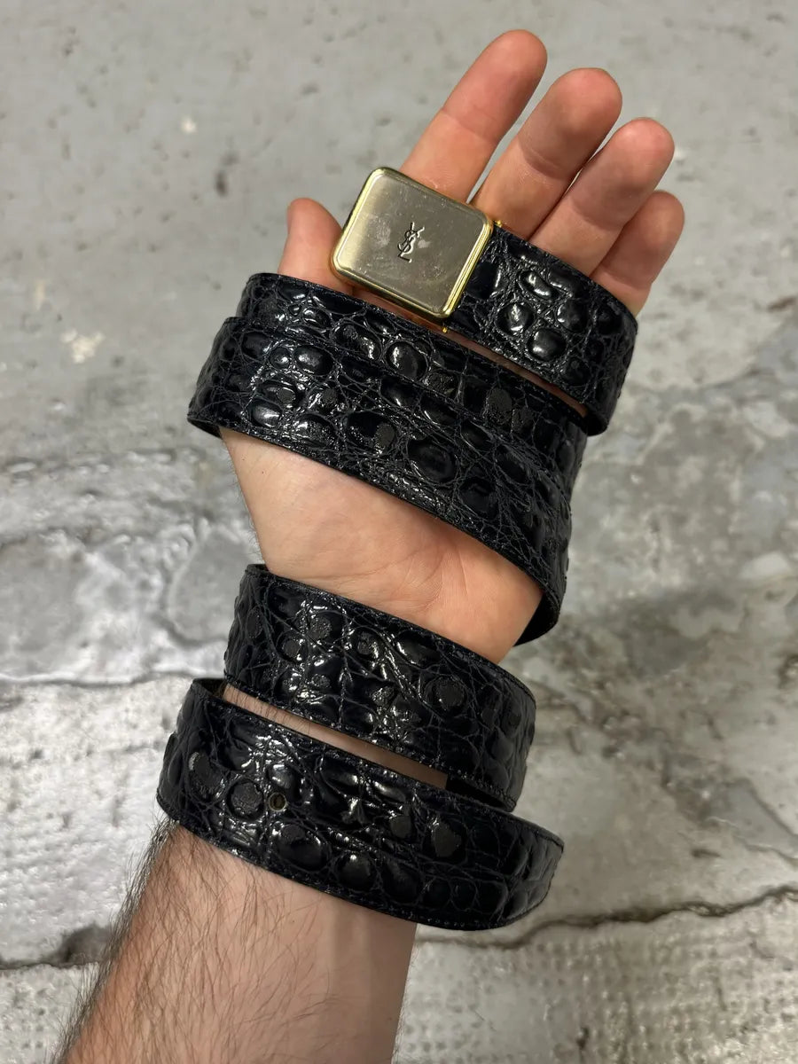 Yves Saint Laurent Dark Navy Leather Crocodile Effect Belt YmfEmdZ 0