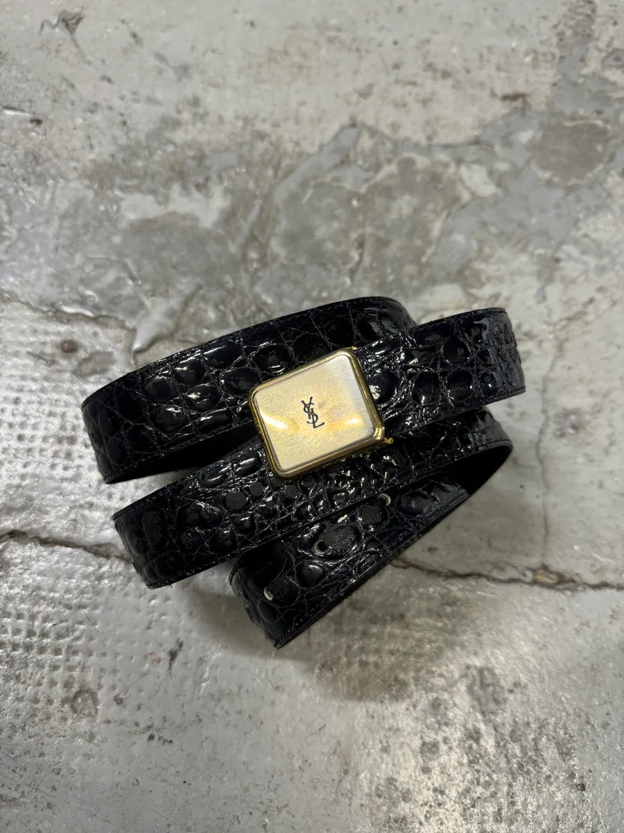 Yves Saint Laurent Dark Navy Leather Crocodile Effect Belt YmfEmdZ 1