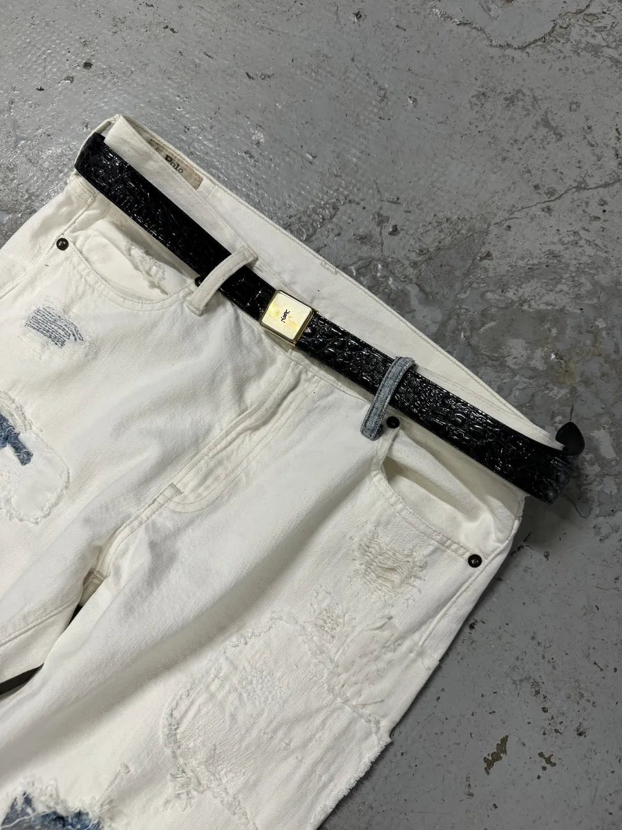Yves Saint Laurent Dark Navy Leather Crocodile Effect Belt YmfEmdZ 2