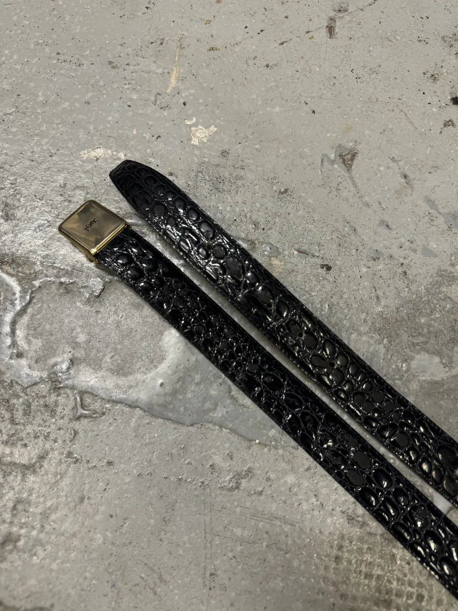 Yves Saint Laurent Dark Navy Leather Crocodile Effect Belt YmfEmdZ 4