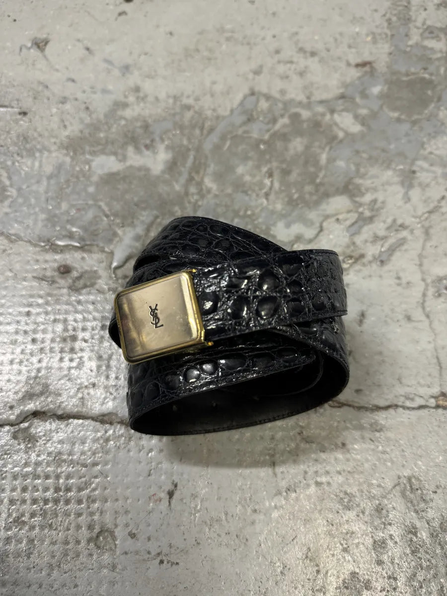 Yves Saint Laurent Dark Navy Leather Crocodile Effect Belt YmfEmdZ 8
