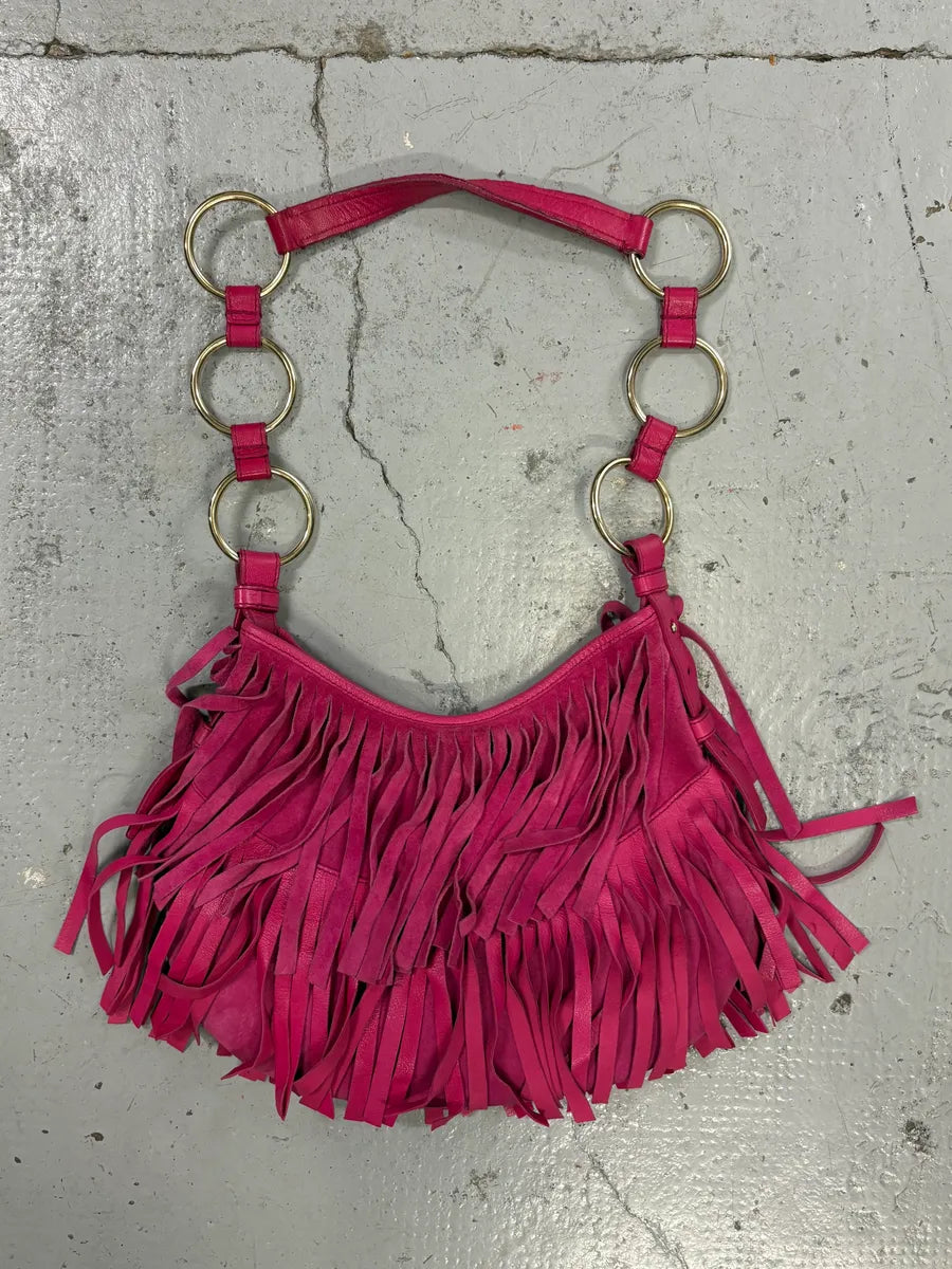 2000s Yves Saint Laurent Fuchsia Pink Suede Fringe Hobo Bag uqJGsYV 1