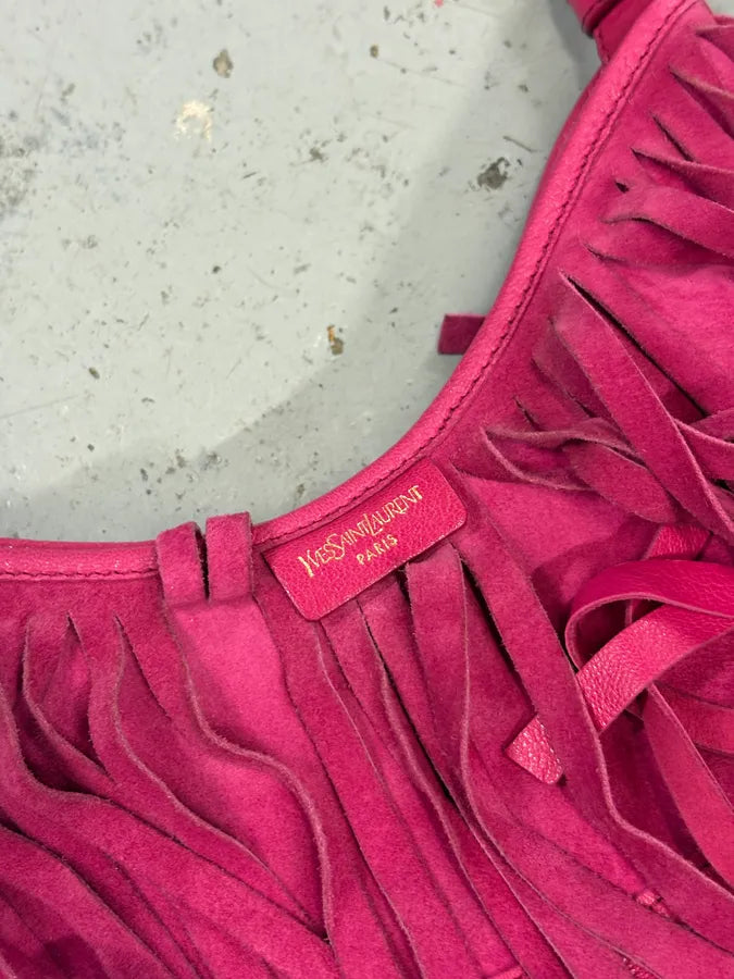 2000s Yves Saint Laurent Fuchsia Pink Suede Fringe Hobo Bag uqJGsYV 4