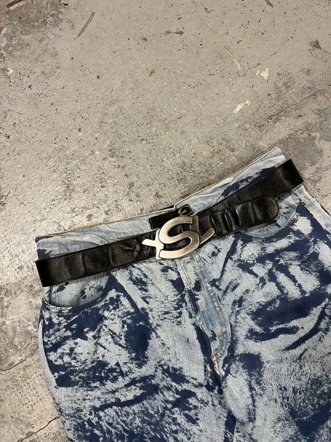 Yves Saint Laurent Grey Silver Buckle Black Leather Belt kFwBgYK 0