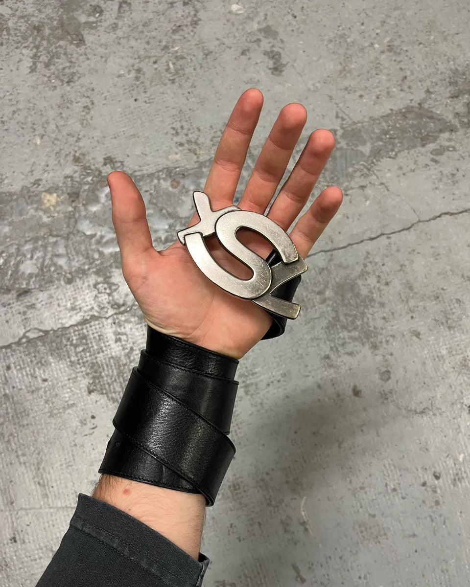 Yves Saint Laurent Grey Silver Buckle Black Leather Belt kFwBgYK 1