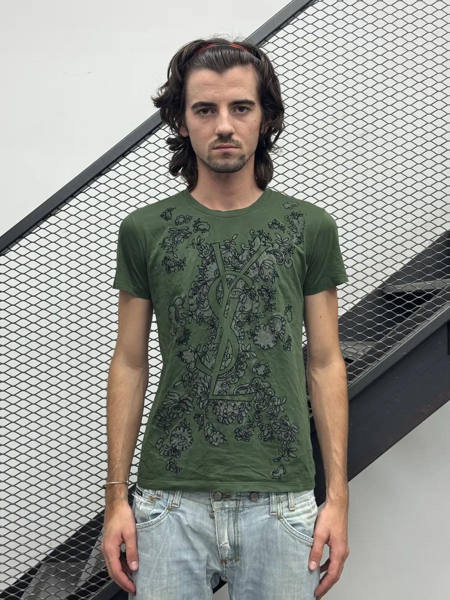 2000s Yves Saint Laurent Khaki Cotton Floral Ornamental T-Shirt hauYcyD 1