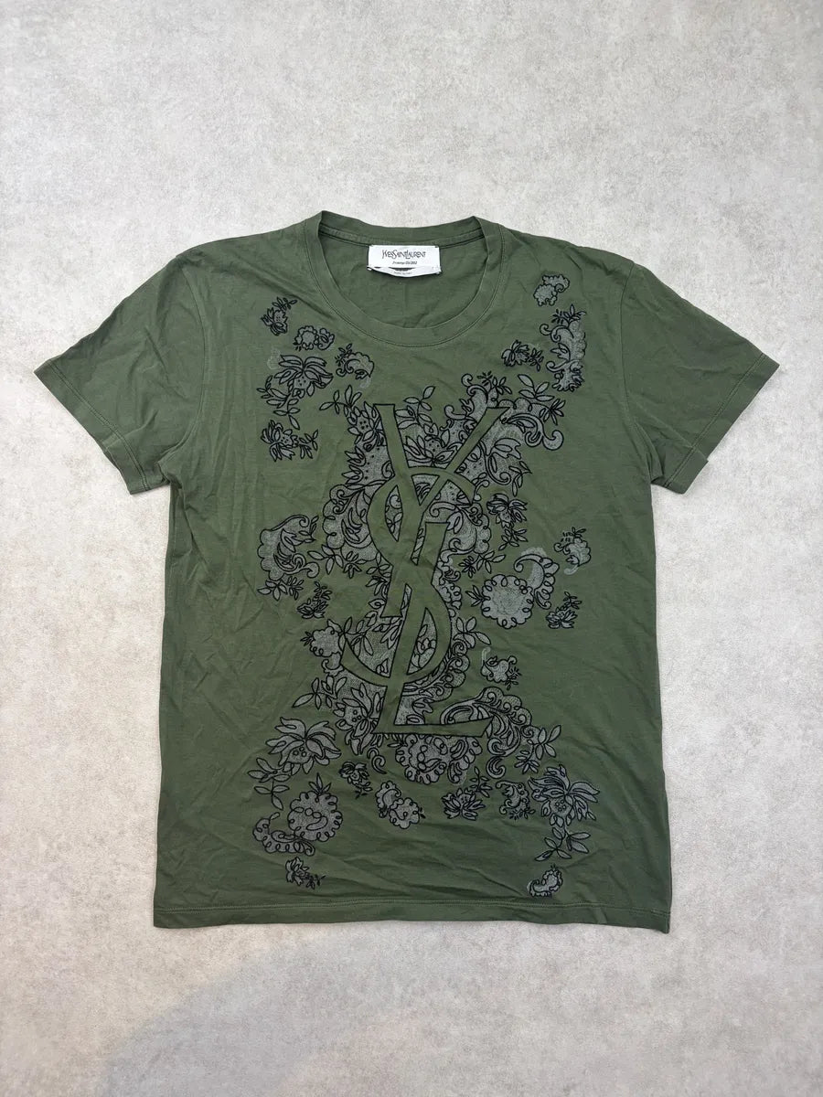 2000s Yves Saint Laurent Khaki Cotton Floral Ornamental T-Shirt hauYcyD 0