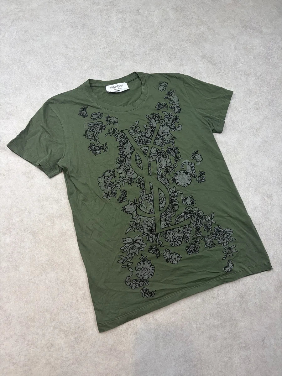 2000s Yves Saint Laurent Khaki Cotton Floral Ornamental T-Shirt hauYcyD 3