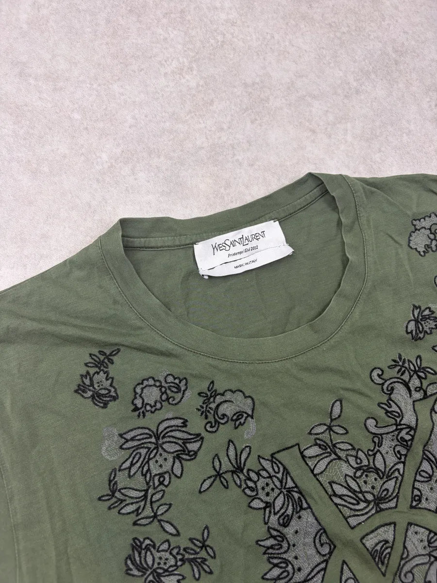2000s Yves Saint Laurent Khaki Cotton Floral Ornamental T-Shirt hauYcyD 4