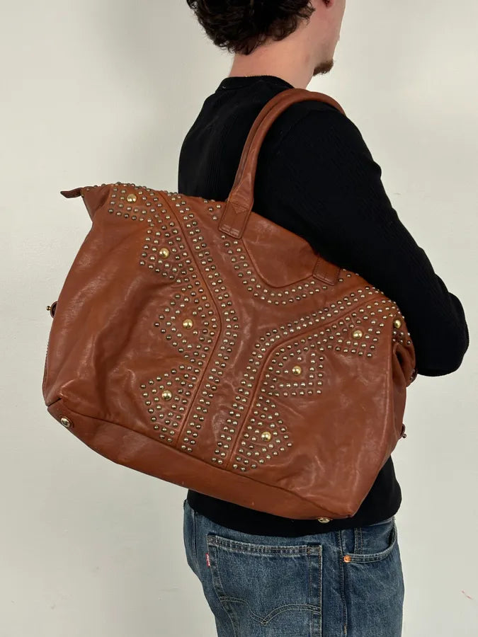 AW2008 Yves Saint Laurent Easy Brown Leather Studded Handle Bag RmEhxTN 2