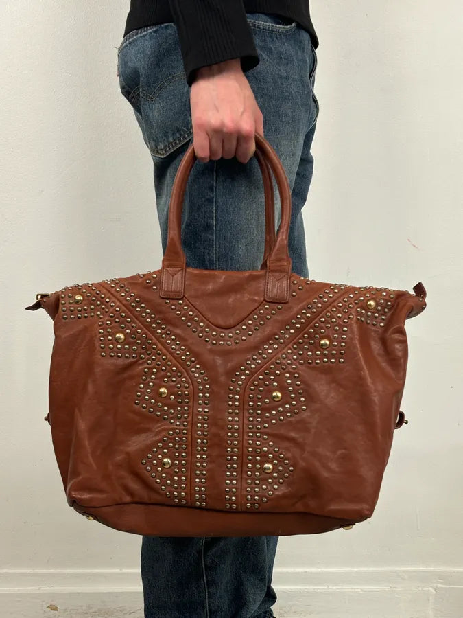 AW2008 Yves Saint Laurent Easy Brown Leather Studded Handle Bag RmEhxTN 3