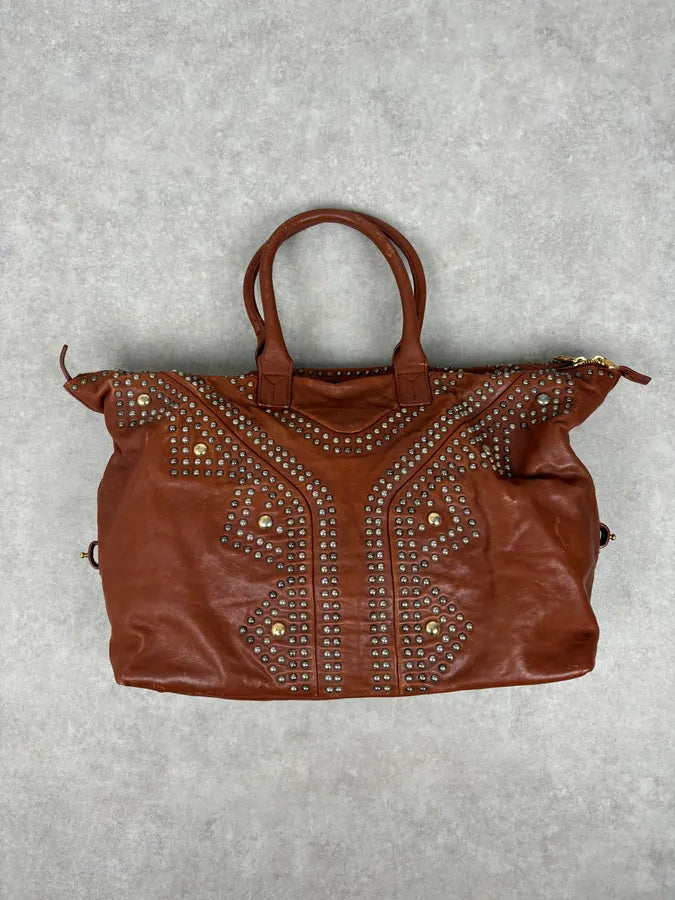 AW2008 Yves Saint Laurent Easy Brown Leather Studded Handle Bag RmEhxTN 0