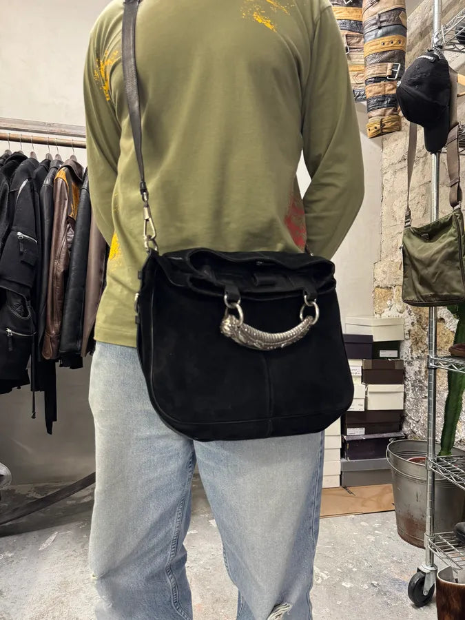 Yves Saint Laurent Mombasa Metal Horn Handle Black Suede Leather Shoulder Bag (OS) DZxaslW 1