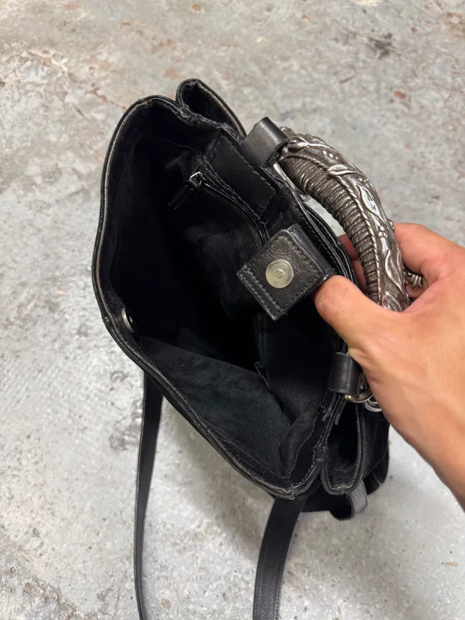 Yves Saint Laurent Mombasa Metal Horn Handle Black Suede Leather Shoulder Bag (OS) DZxaslW 10