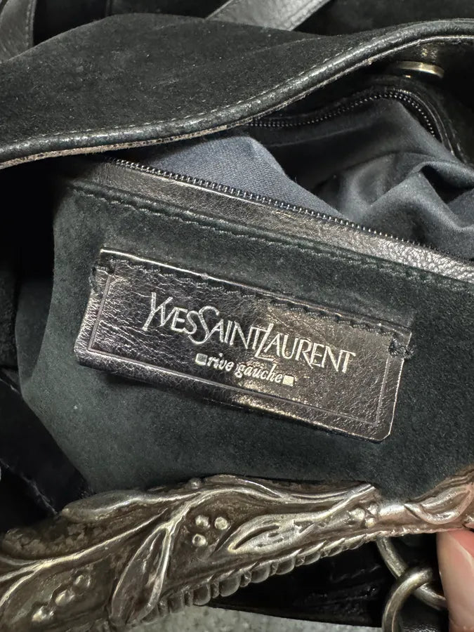 Yves Saint Laurent Mombasa Metal Horn Handle Black Suede Leather Shoulder Bag (OS) DZxaslW 11