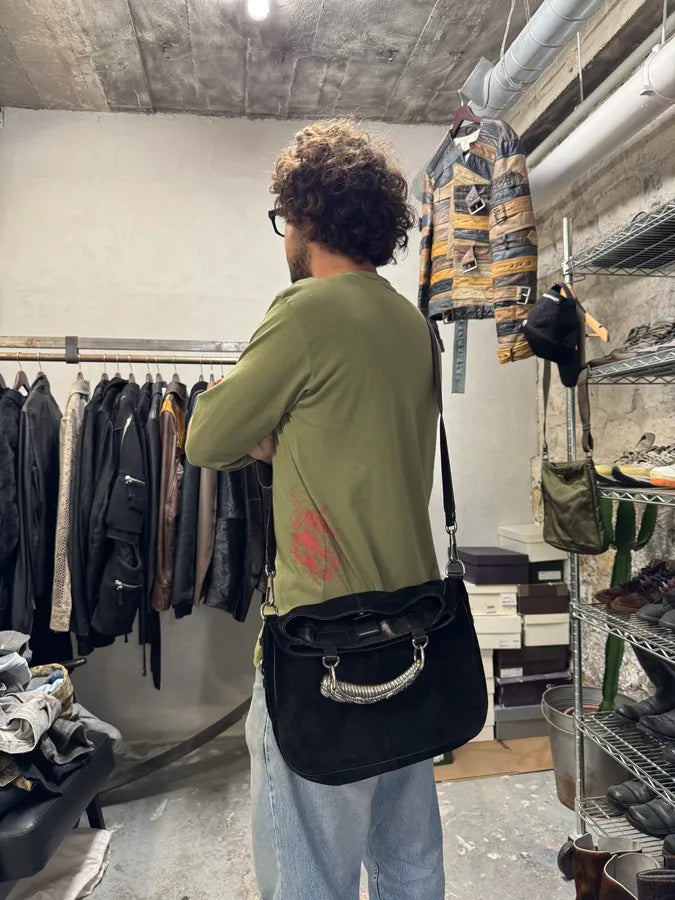 Yves Saint Laurent Mombasa Metal Horn Handle Black Suede Leather Shoulder Bag (OS) DZxaslW 3