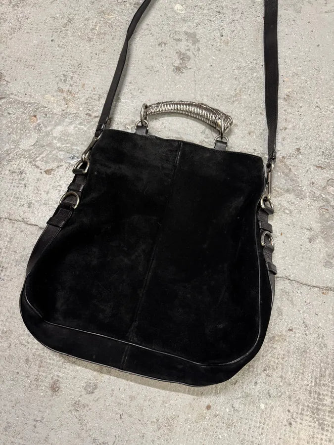 Yves Saint Laurent Mombasa Metal Horn Handle Black Suede Leather Shoulder Bag (OS) DZxaslW 7