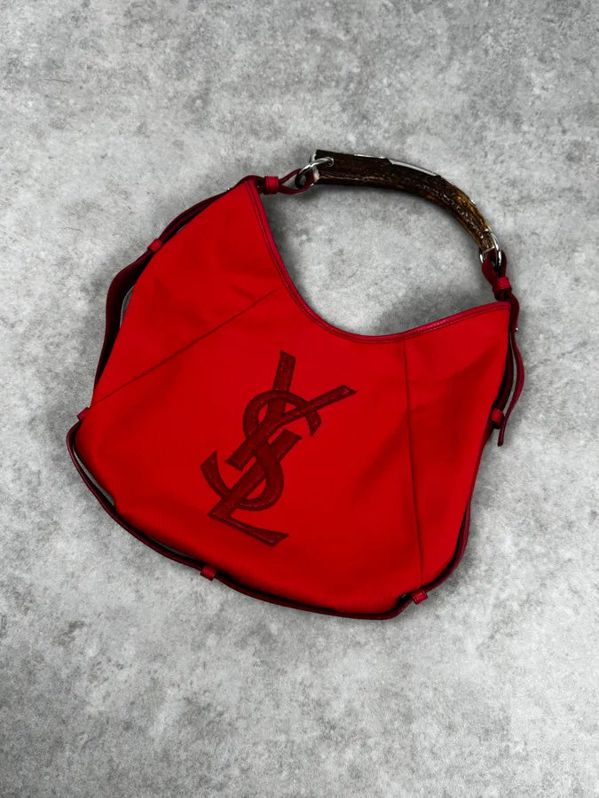 2000s Yves Saint Laurent Pink Red Canvas Embroidered Logo Mombasa Bag LuuPWbR 4