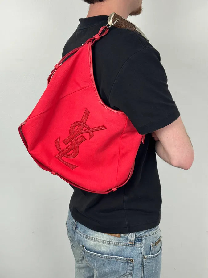 2000s Yves Saint Laurent Pink Red Canvas Embroidered Logo Mombasa Bag LuuPWbR 2