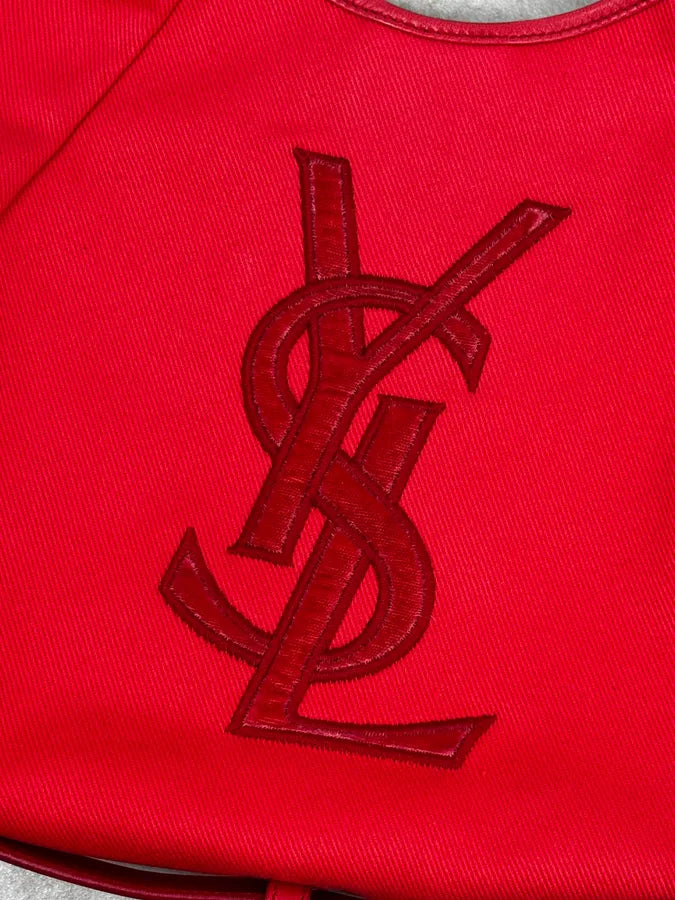 2000s Yves Saint Laurent Pink Red Canvas Embroidered Logo Mombasa Bag LuuPWbR 6