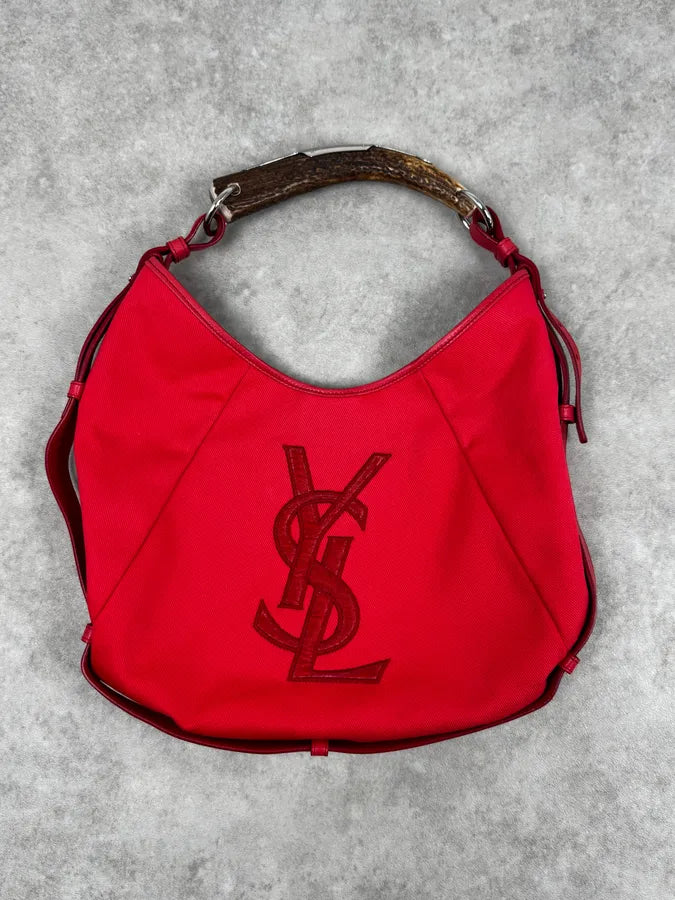 2000s Yves Saint Laurent Pink Red Canvas Embroidered Logo Mombasa Bag LuuPWbR 0