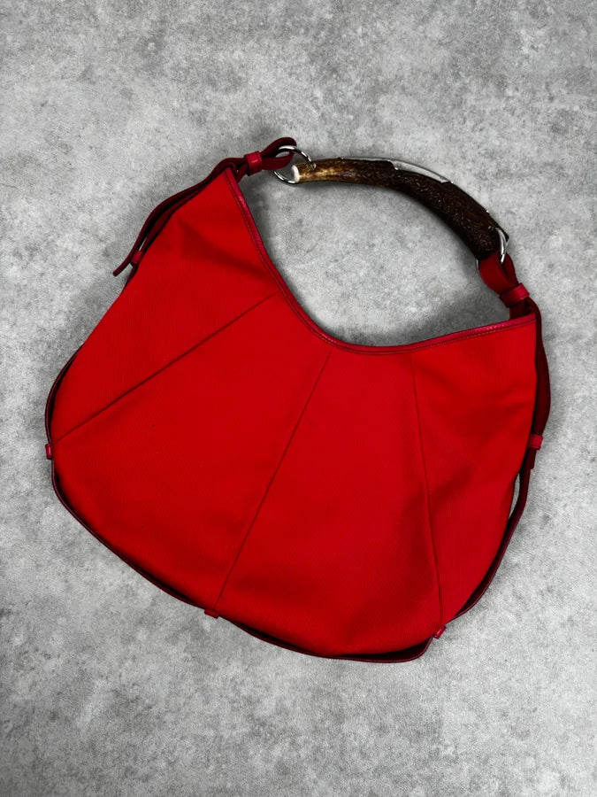 2000s Yves Saint Laurent Pink Red Canvas Embroidered Logo Mombasa Bag LuuPWbR 5