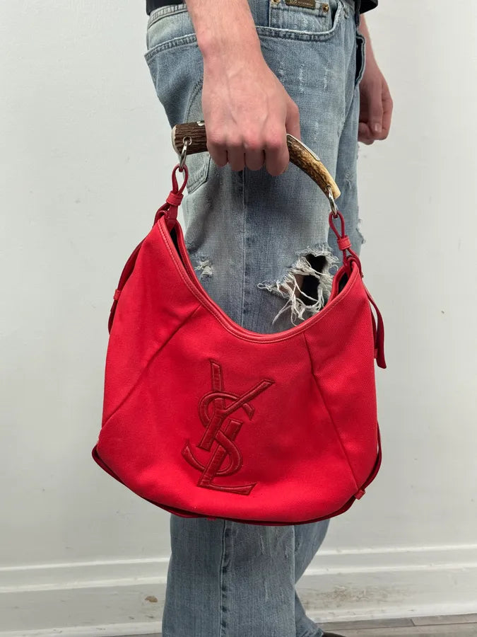 2000s Yves Saint Laurent Pink Red Canvas Embroidered Logo Mombasa Bag LuuPWbR 1