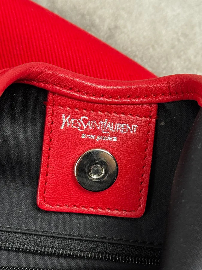 2000s Yves Saint Laurent Pink Red Canvas Embroidered Logo Mombasa Bag LuuPWbR 14