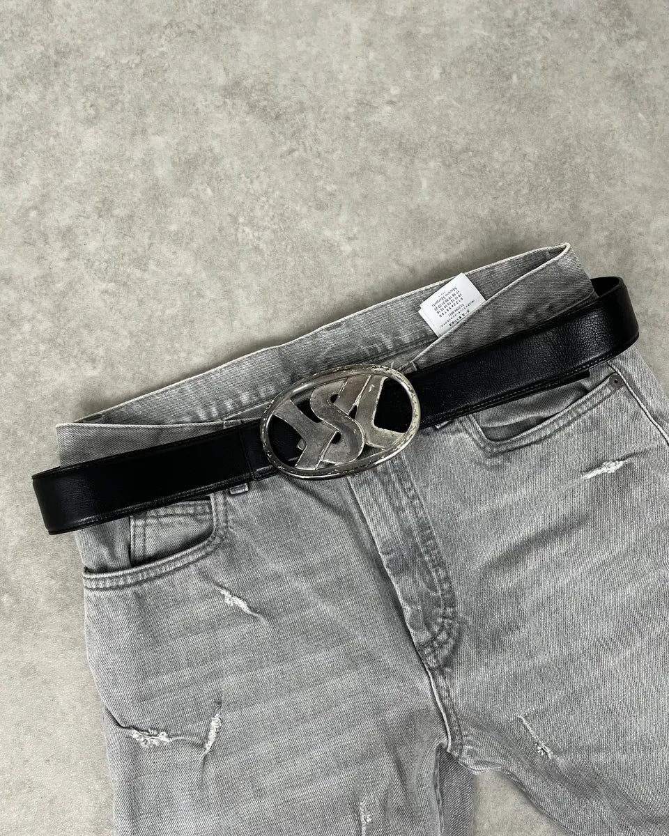 AW2003 Yves Saint Laurent Propaganda Buckle Black Leather Belt QvoqEIy 0