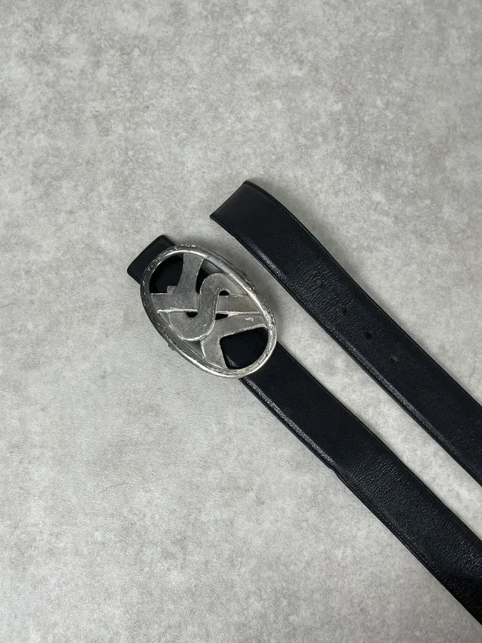 AW2003 Yves Saint Laurent Propaganda Buckle Black Leather Belt QvoqEIy 3