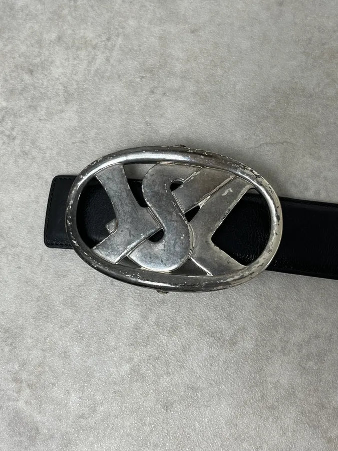 AW2003 Yves Saint Laurent Propaganda Buckle Black Leather Belt QvoqEIy 4