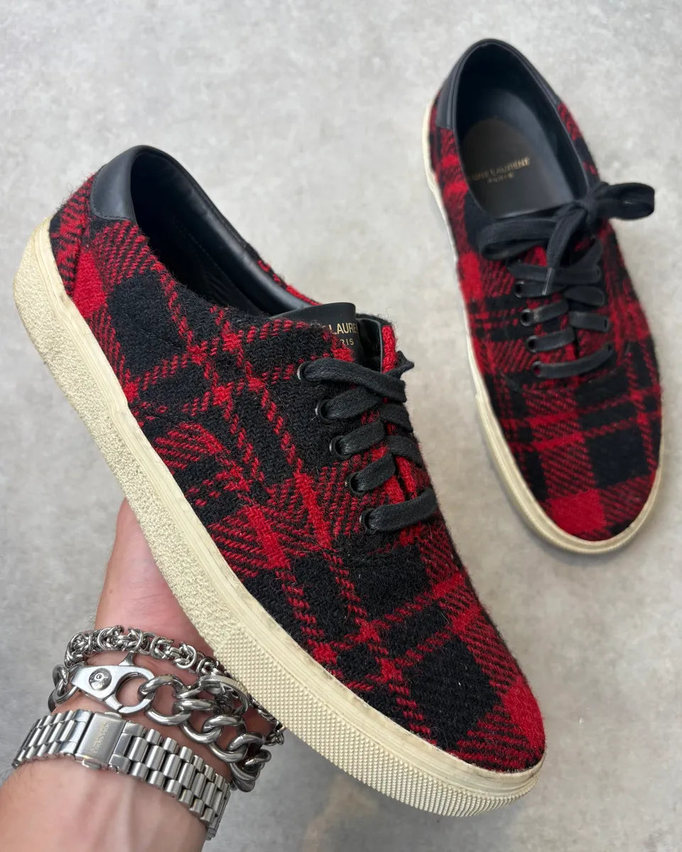 2010s Saint Laurent Red Black Wool Plaid Low Sneakers vHrRqDX 0