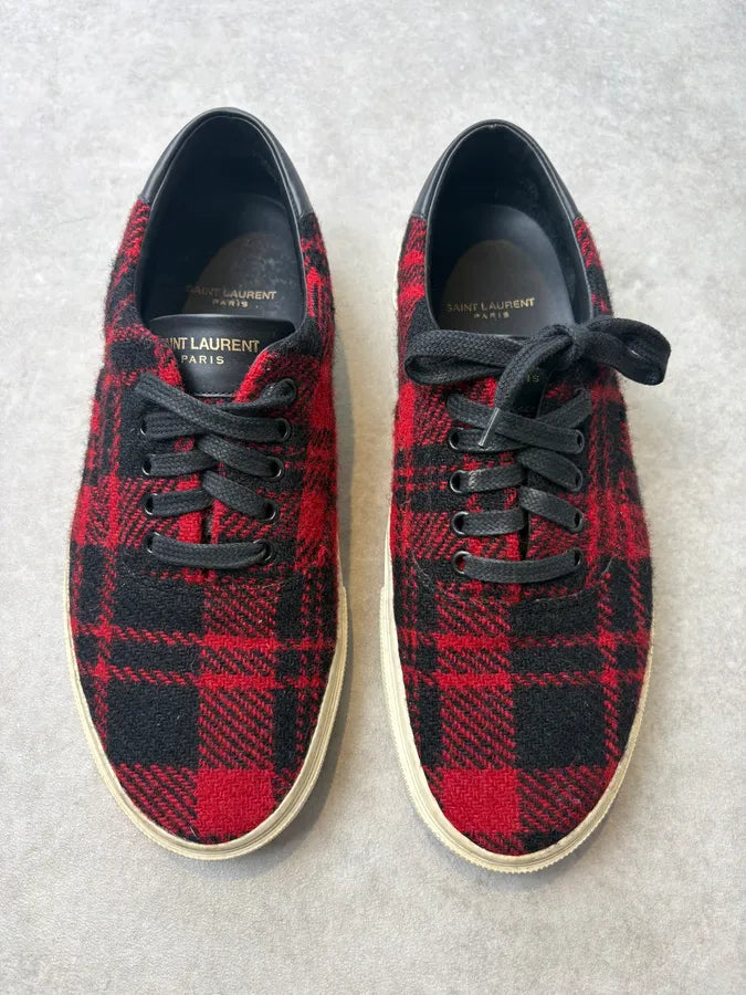 2010s Saint Laurent Red Black Wool Plaid Low Sneakers vHrRqDX 1