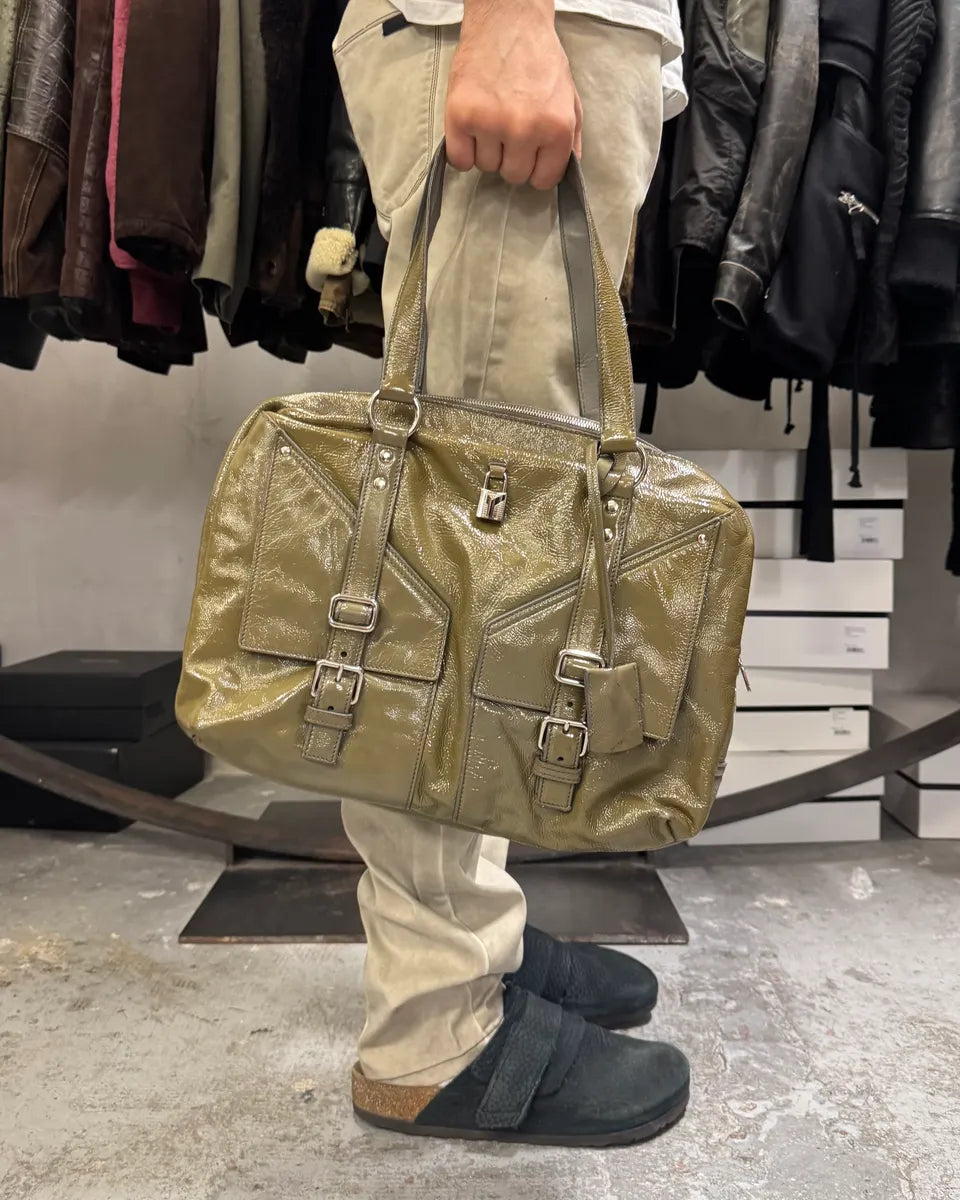 Yves Saint Laurent Shiny Olive Leather Handle Bag VBinmKr 1