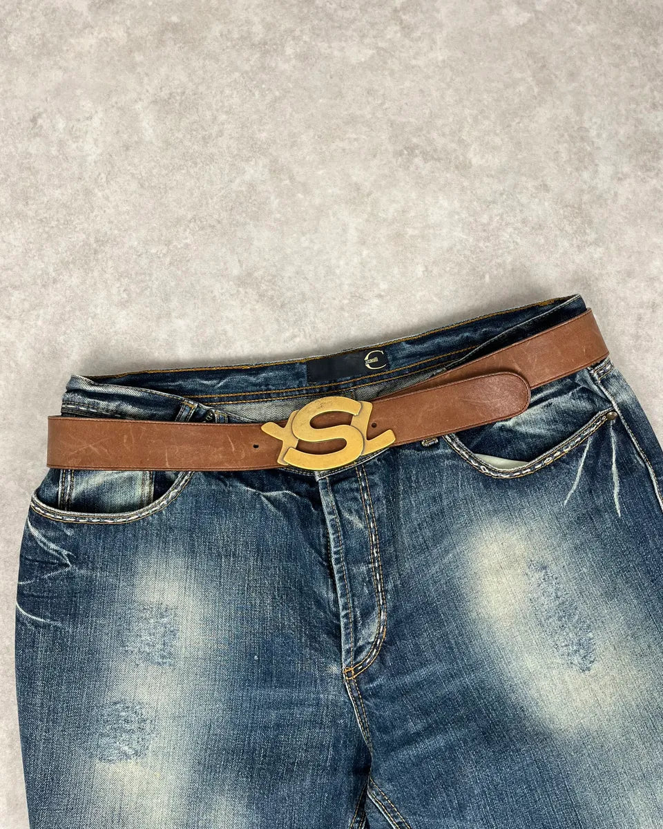 2000s Yves Saint Laurent Signature Buckle Brown Leather Belt rzQsJQR 0